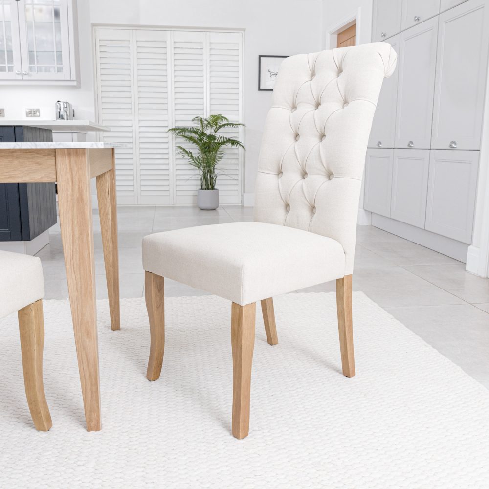 (Set of 2) Oxford Natural Linen Scroll Back Dining Chairs | Oak Legs - Image 3