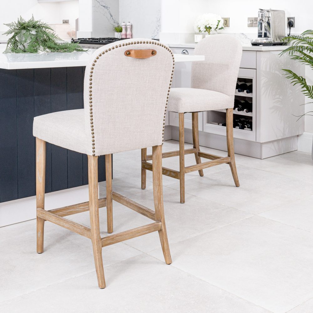 Sienna Beige Linen Upholstered White Wash Ash Counter Stool - Image 2