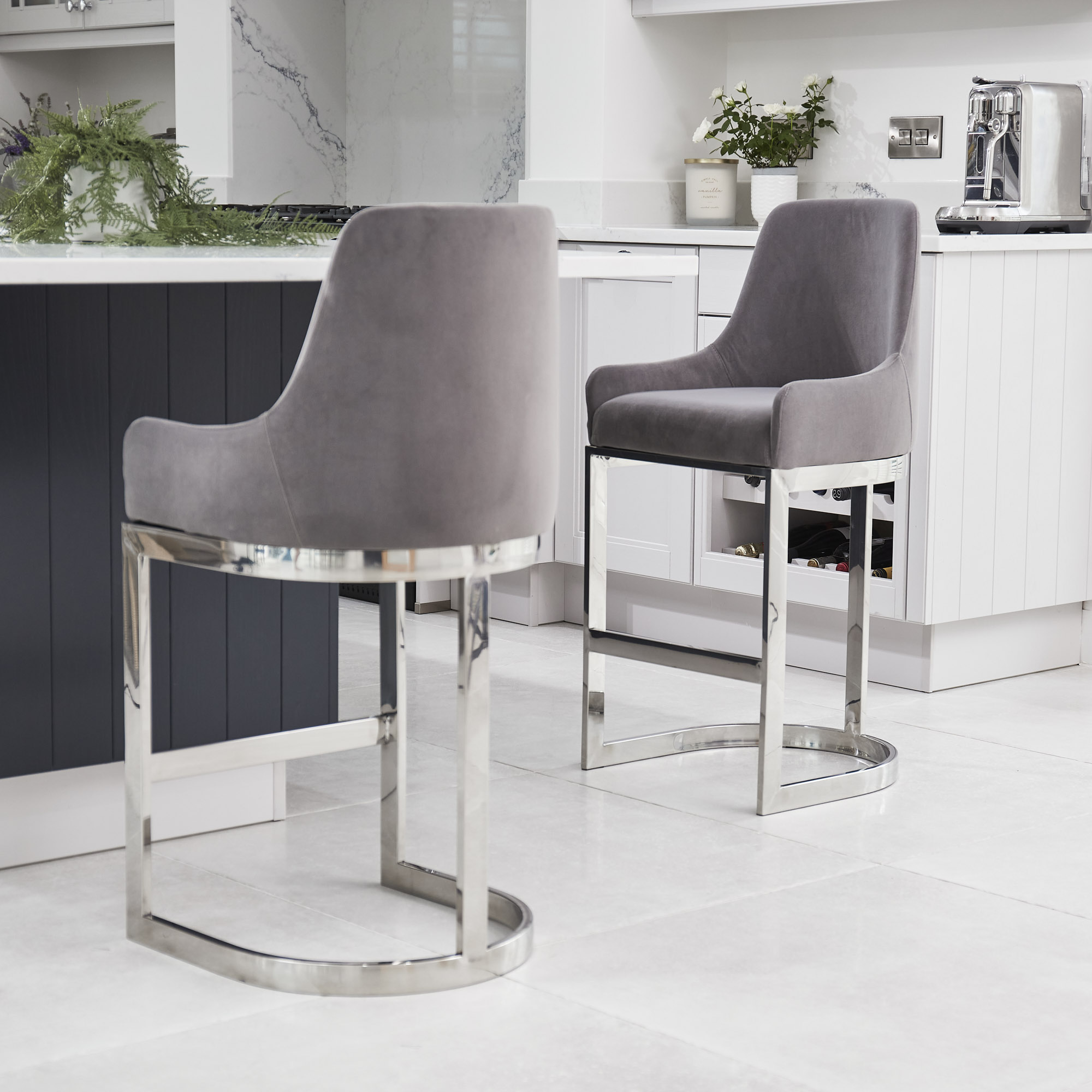 (Set of 2) Clara Grey Velvet Silver Counter Stool with a Stainless Steel Frame