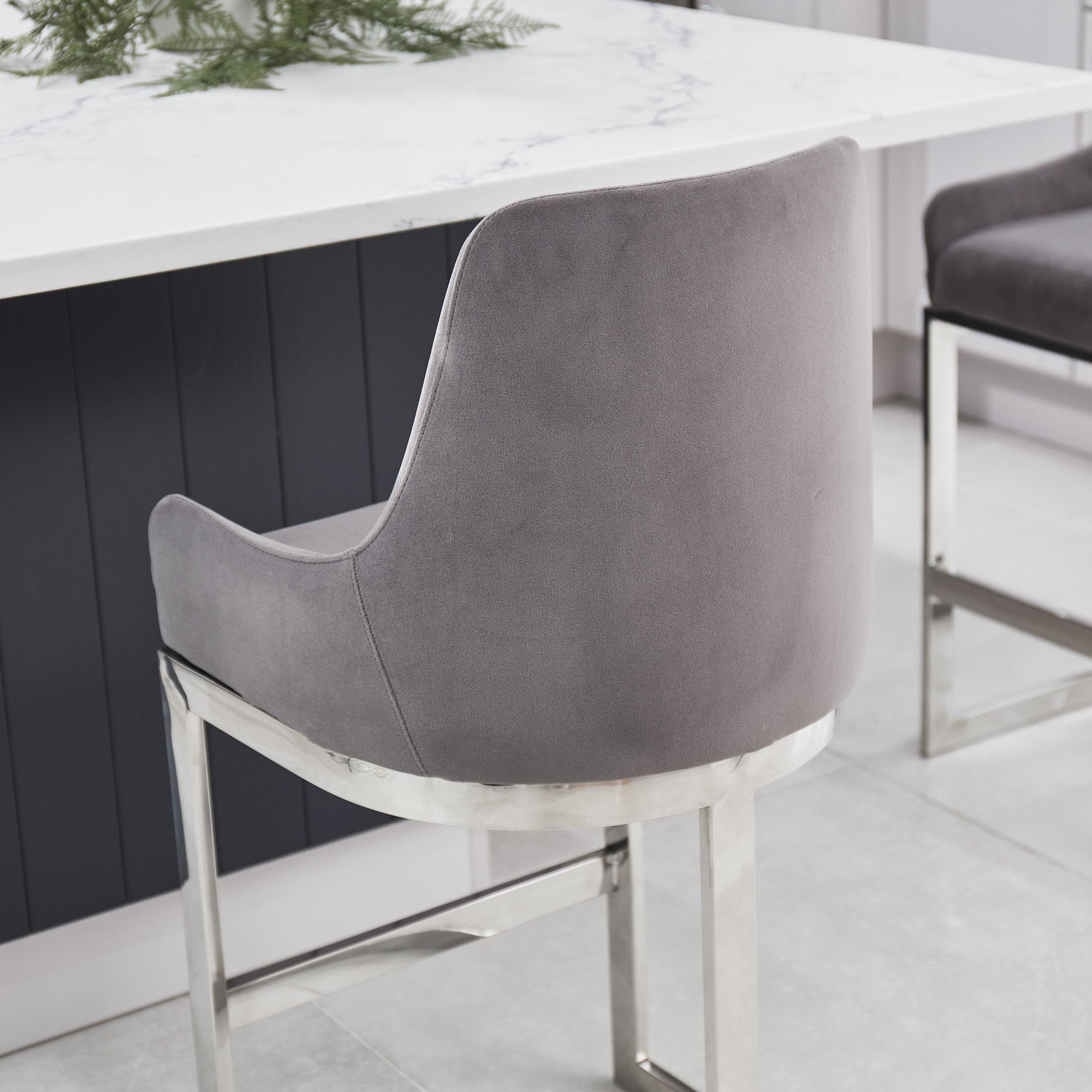(Set of 2) Clara Grey Velvet Silver Counter Stool with a Stainless Steel Frame - Image 3