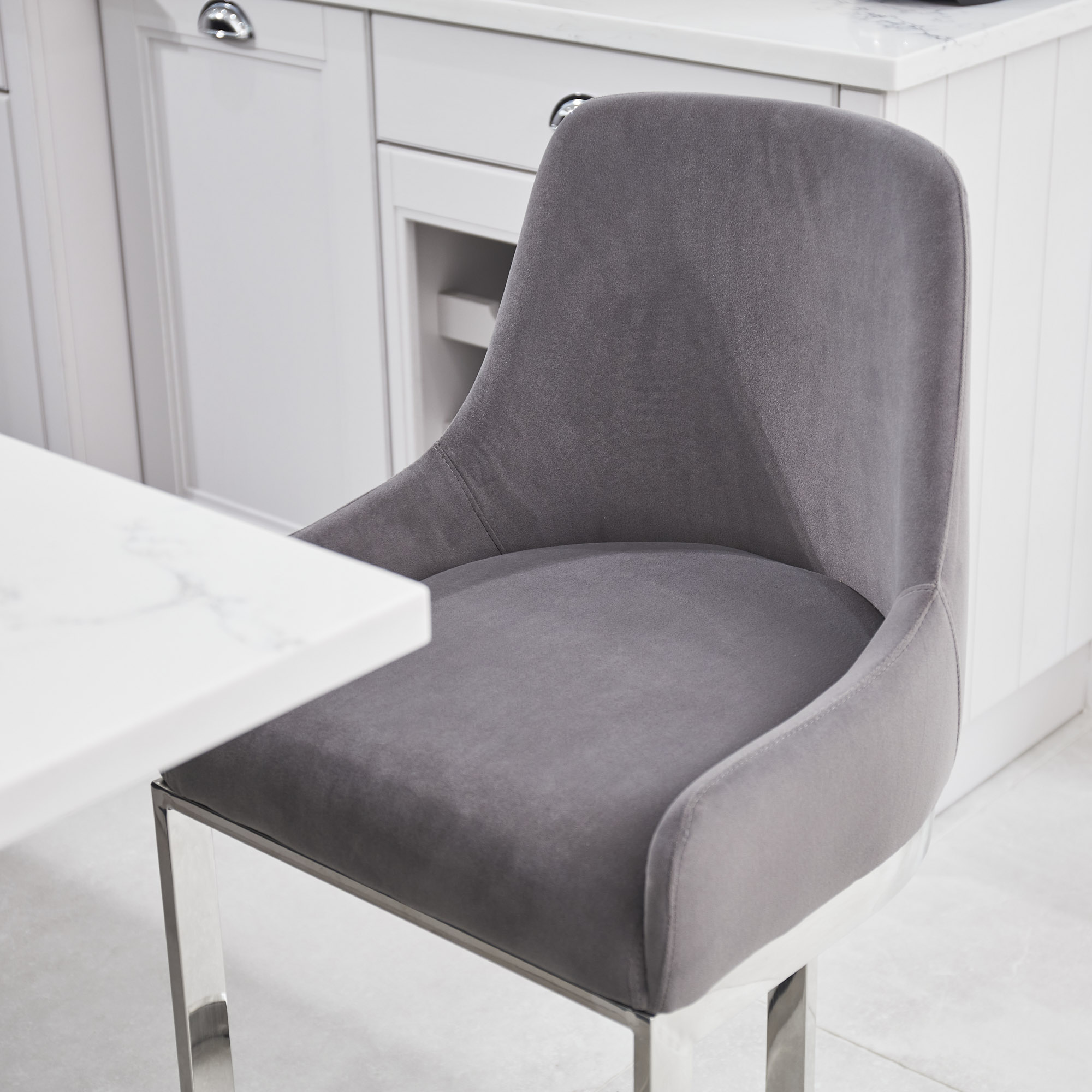 (Set of 2) Clara Grey Velvet Silver Counter Stool with a Stainless Steel Frame - Image 4