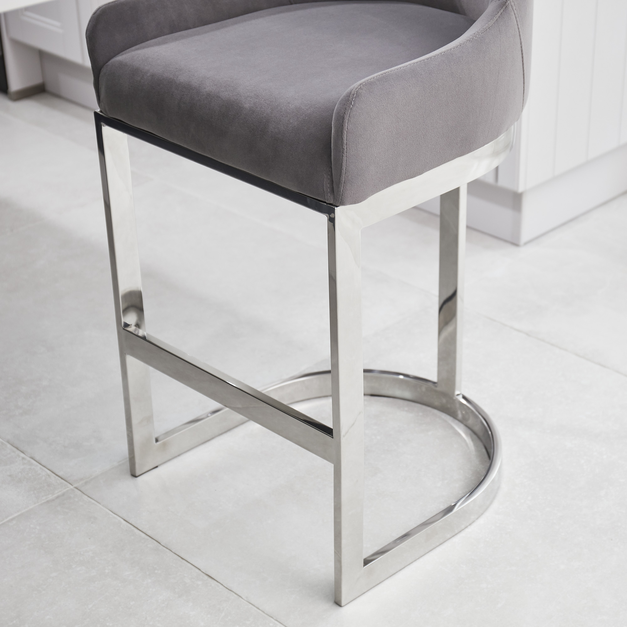 (Set of 2) Clara Grey Velvet Silver Counter Stool with a Stainless Steel Frame - Image 6