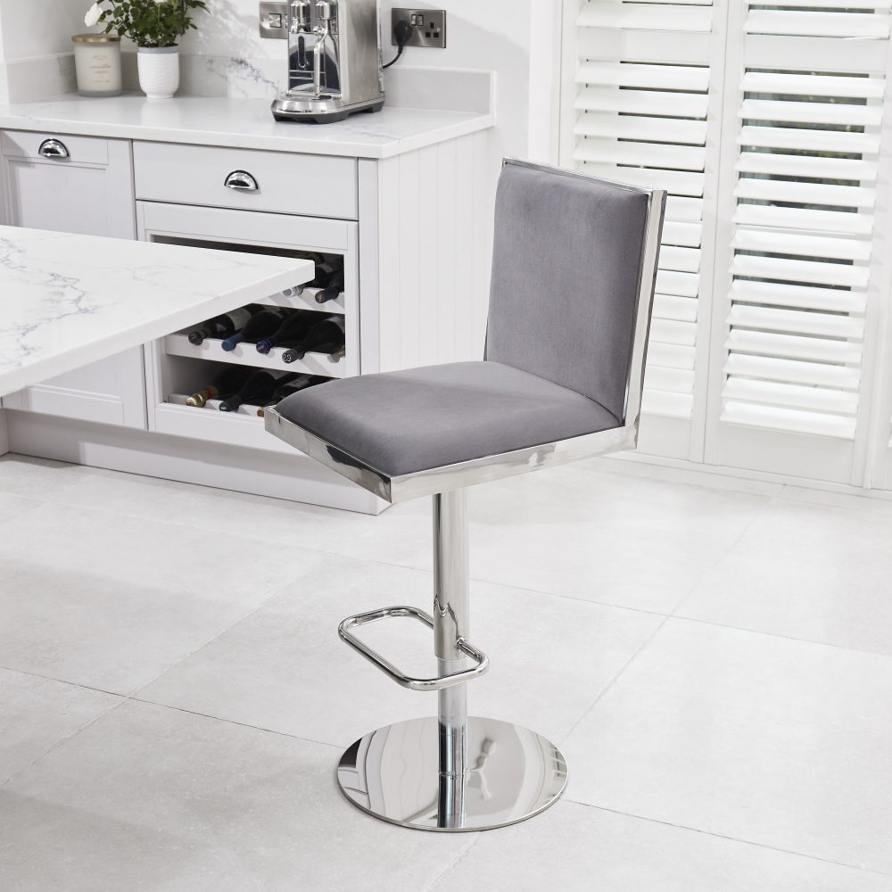 Mia Grey Velvet Barstool - Kitchen Stool - Gas Lift - Image 3