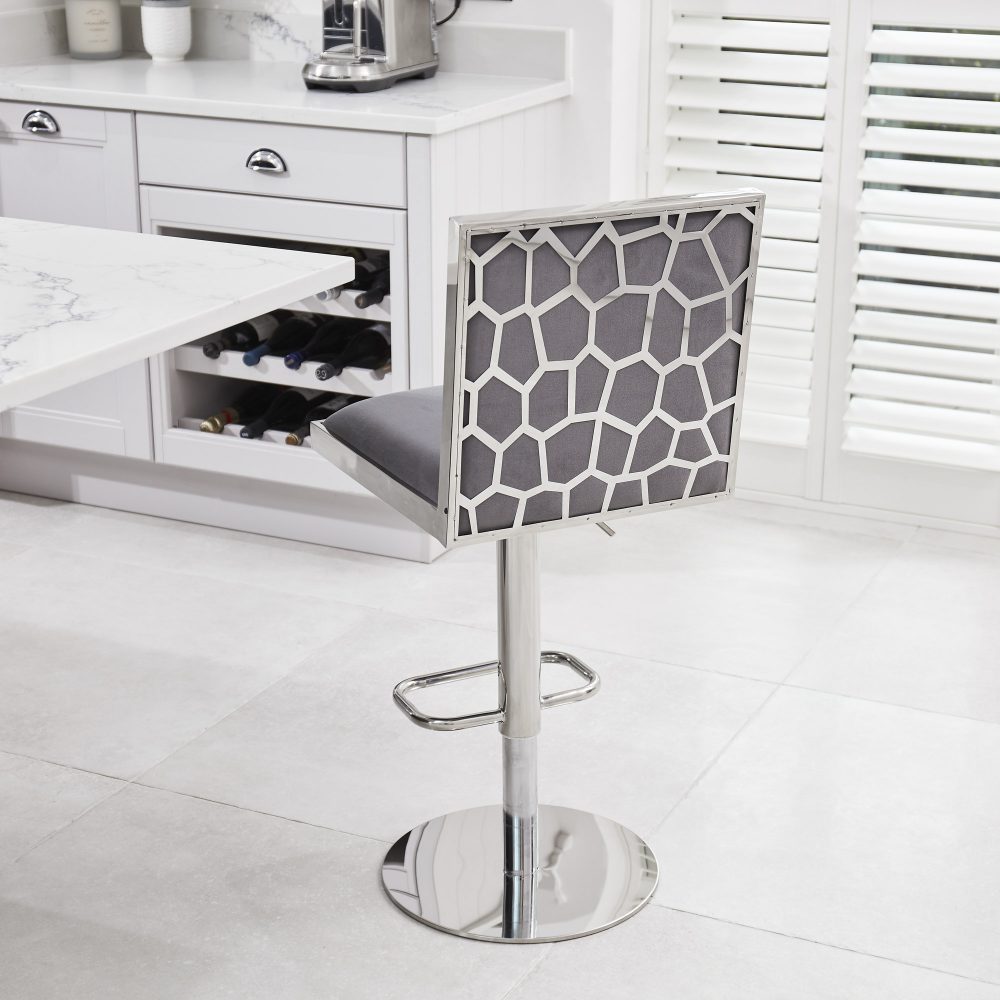 Mia Grey Velvet Barstool - Kitchen Stool - Gas Lift - Image 2