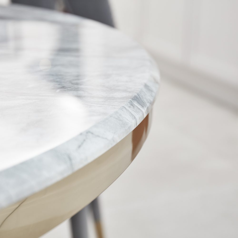 1.3M Circular Pedestal Gold Stainless Steel Dining Table with a Grey Marble Effect - Image 5