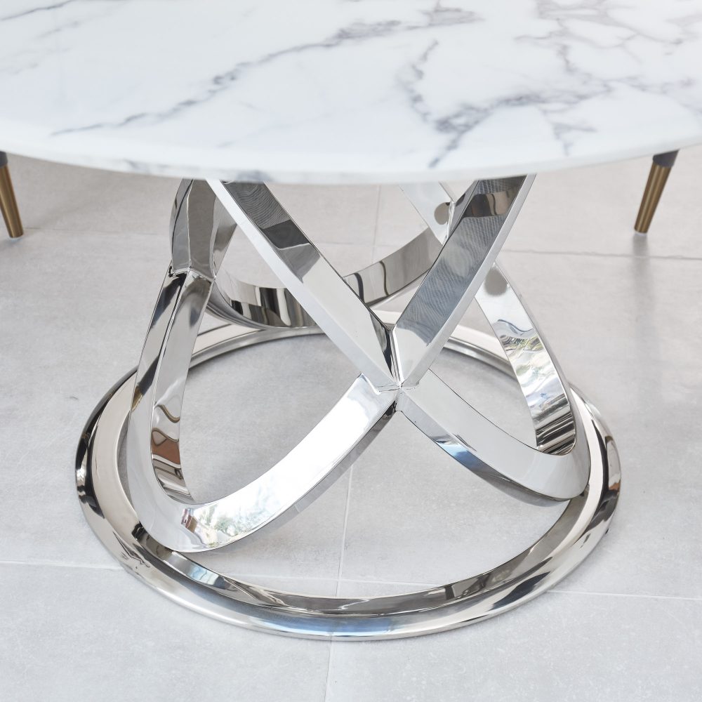 1.3M Pedestal Polished Circular Stainless Steel Dining Table with White Marble Effect - Image 4