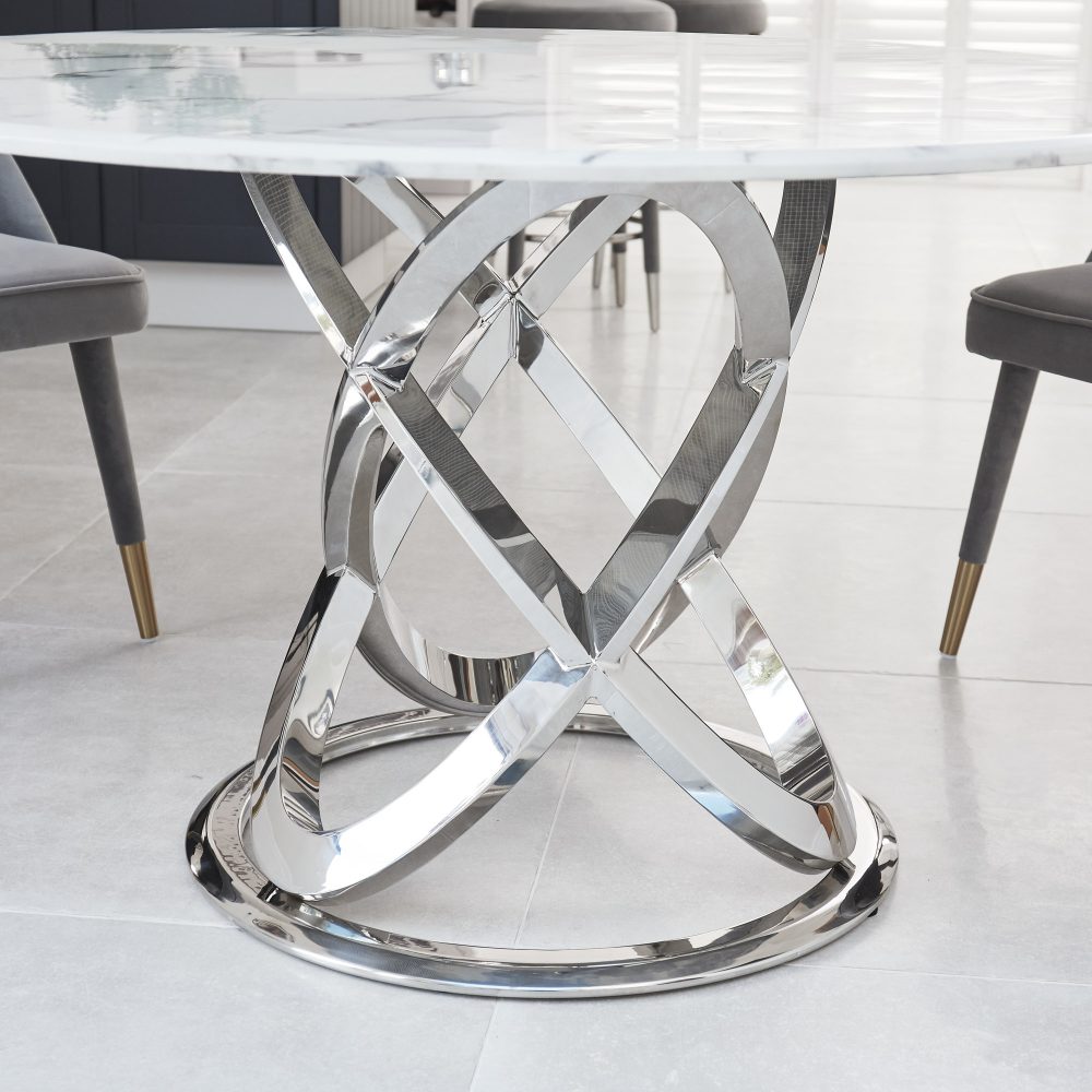 1.3M Pedestal Polished Circular Stainless Steel Dining Table with White Marble Effect - Image 3