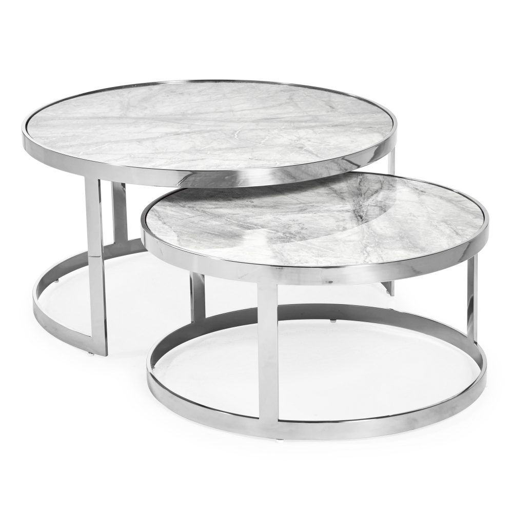 Florence Stainless Steel Framed Set of 2 Circular Coffee Nest Tables - Grey Marble