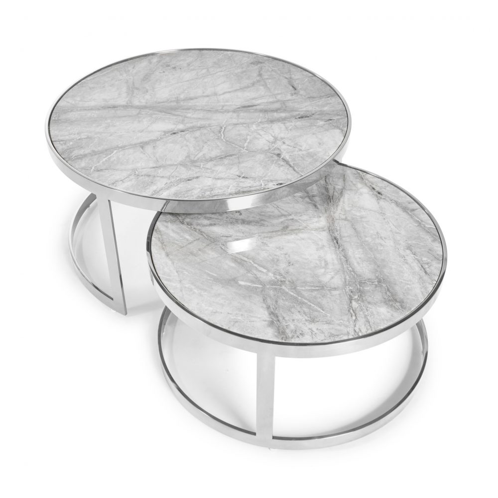 Florence Stainless Steel Framed Set of 2 Circular Coffee Nest Tables - Grey Marble - Image 3
