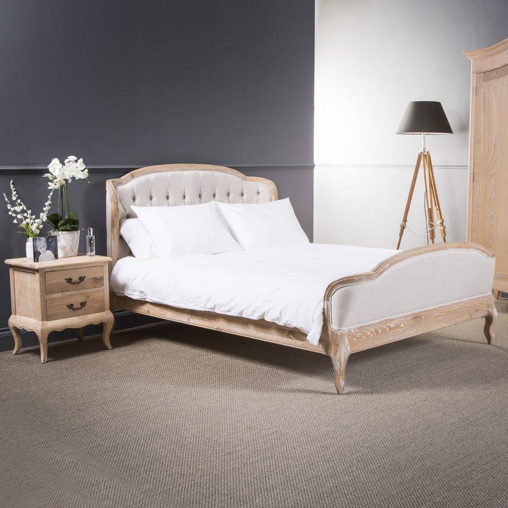 Josephine French Curved Weathered Whitewash Oak Upholstered High Foot Board Bed  - King Size - Image 2