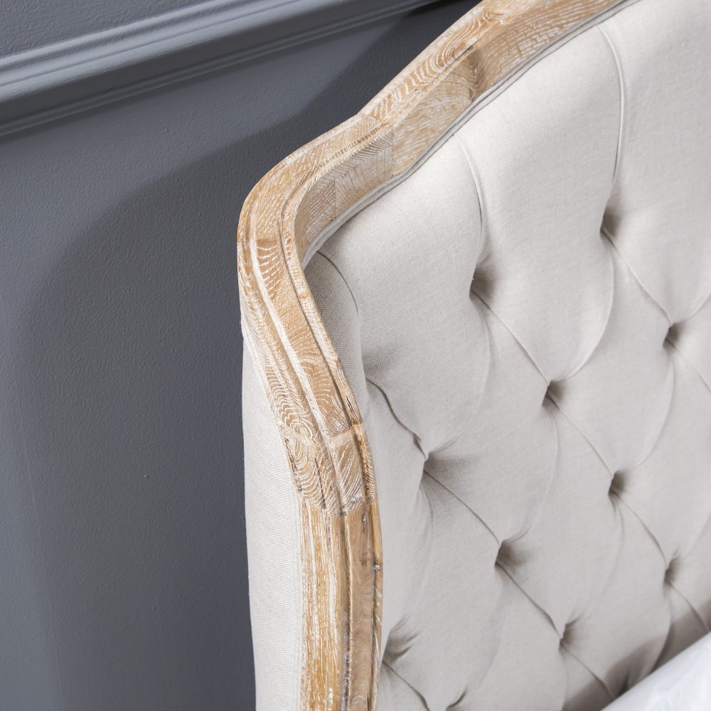 Josephine French Curved Weathered Whitewash Oak Upholstered High Foot Board Bed  - King Size - Image 3
