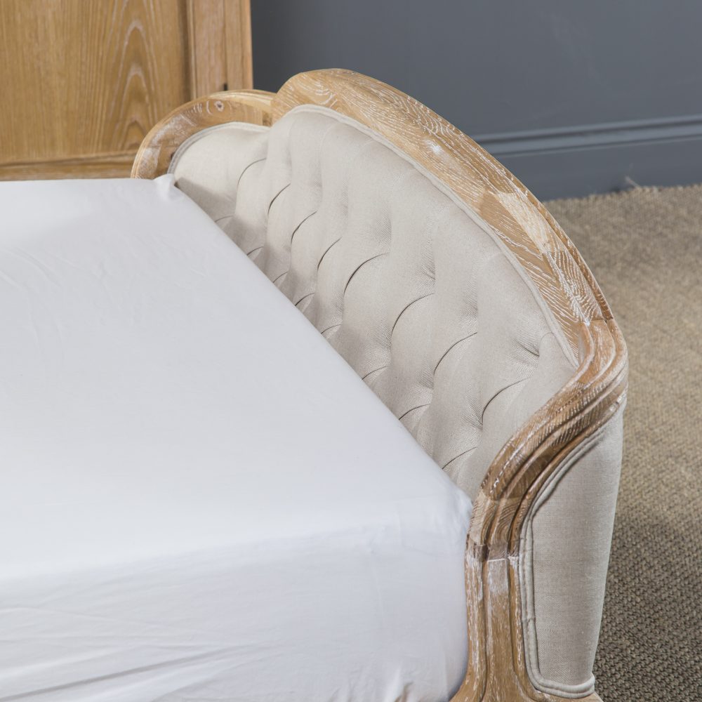 Josephine French Curved Weathered Whitewash Oak Upholstered High Foot Board Bed  - King Size - Image 9