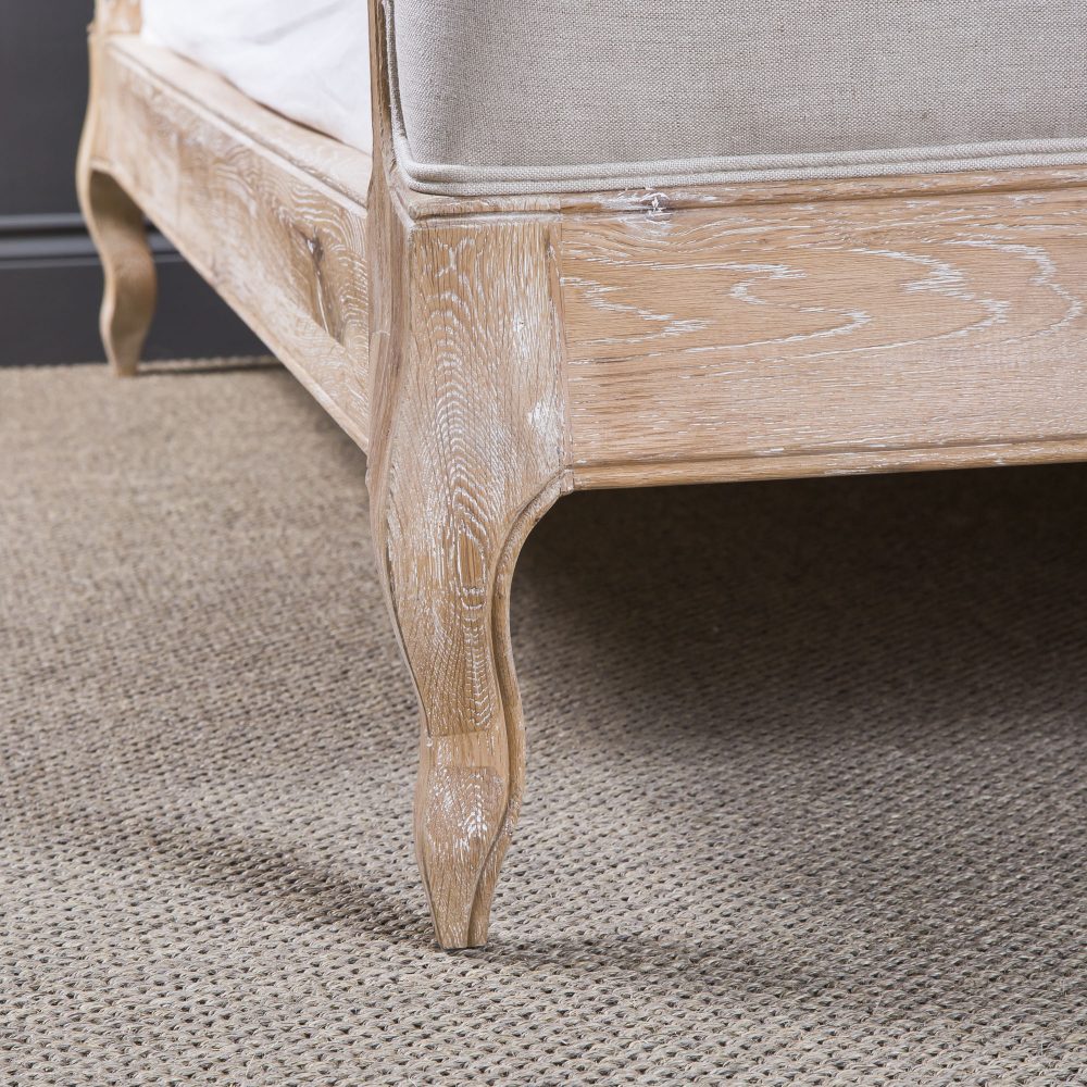 Josephine French Curved Weathered Whitewash Oak Upholstered High Foot Board Bed  - King Size - Image 6