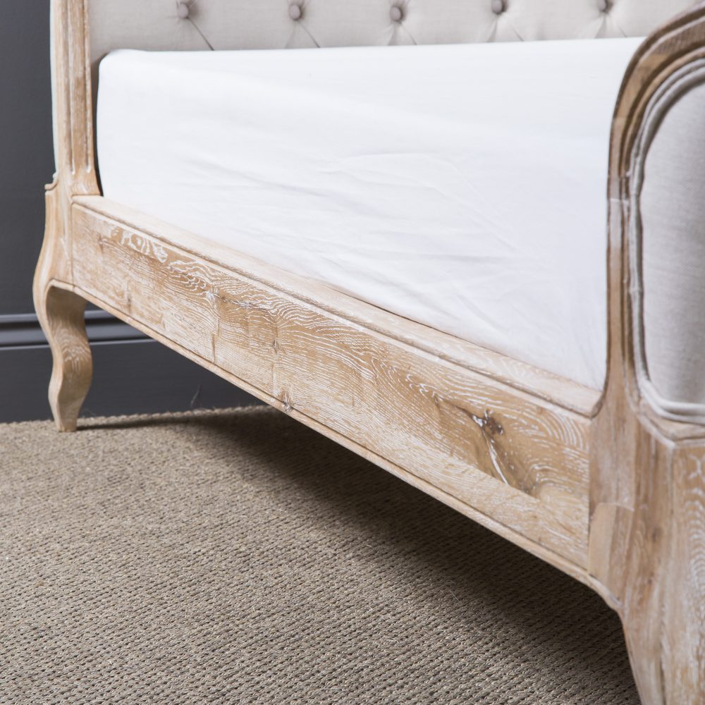 Josephine French Curved Weathered Whitewash Oak Upholstered High Foot Board Bed  - King Size - Image 5
