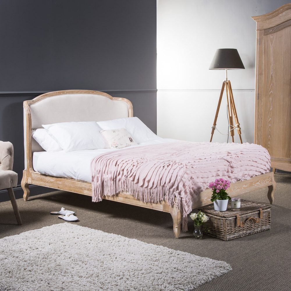 Sophie French Limed Oak Upholstered Curved Low Foot Board Bed - King Size