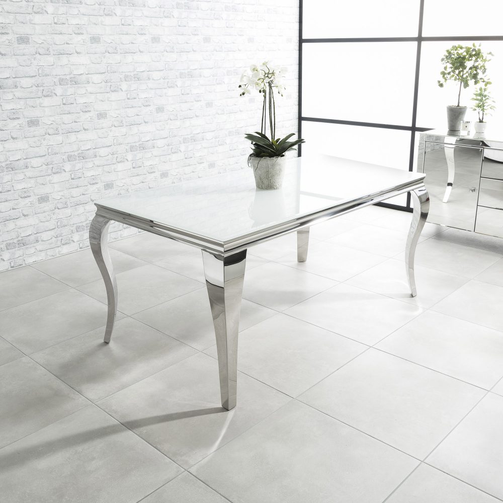 1.8m Louis Polished Steel Dining White Glass Table Set with 4 Chelsea Light Grey Brushed Velvet Dining Chairs - Image 2