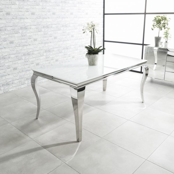 1.8m Louis Polished Steel Dining White Glass Table Set with 4 Chelsea Light Grey Brushed Velvet Dining Chairs