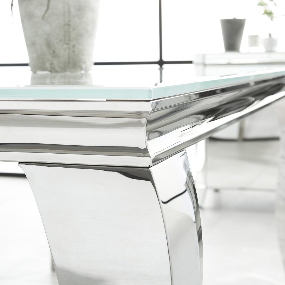 1.8m Louis Polished Steel Dining White Glass Table Set with 4 Chelsea Light Grey Brushed Velvet Dining Chairs - Image 7