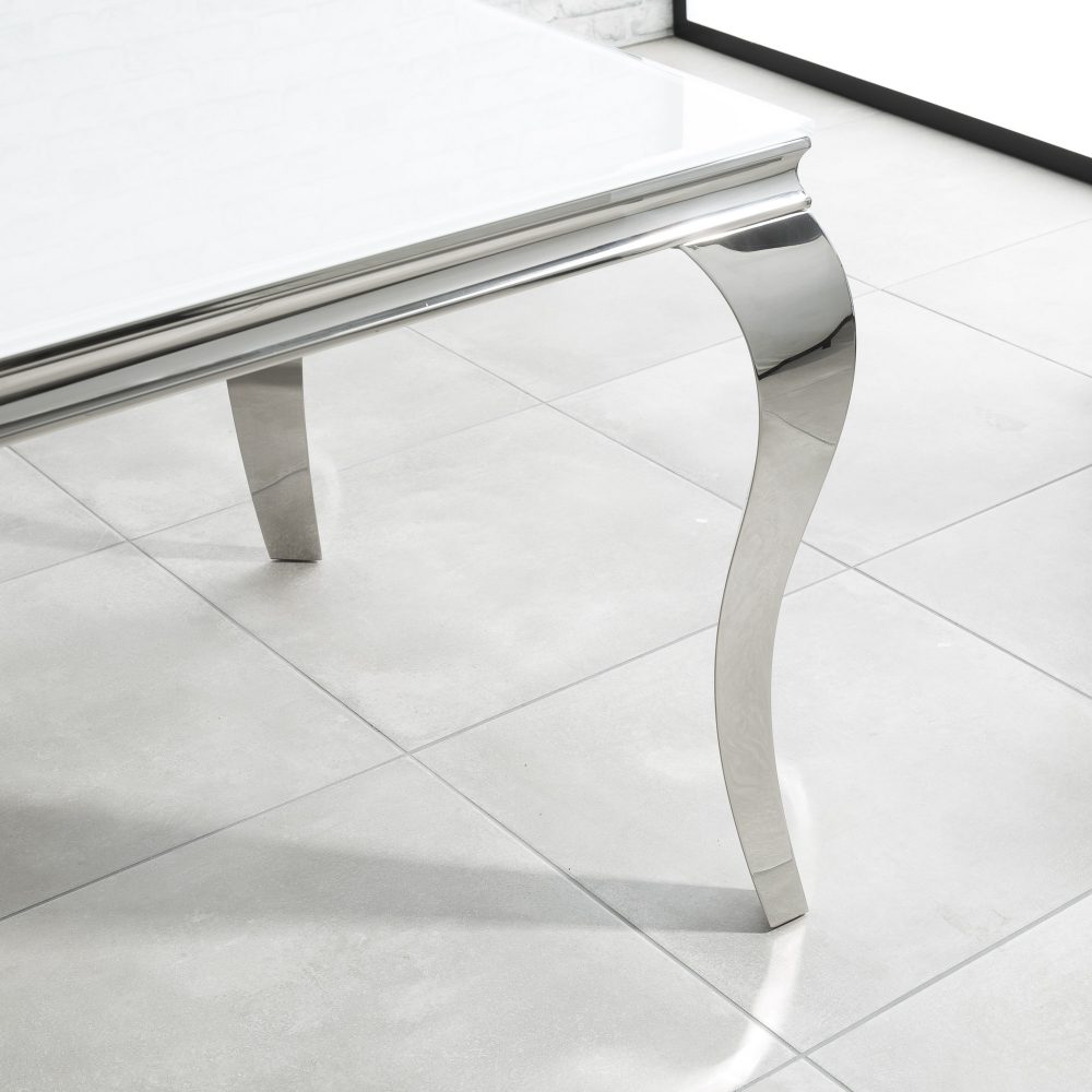 1.8m Louis Polished Steel Dining White Glass Table Set with 4 Chelsea Light Grey Brushed Velvet Dining Chairs - Image 6