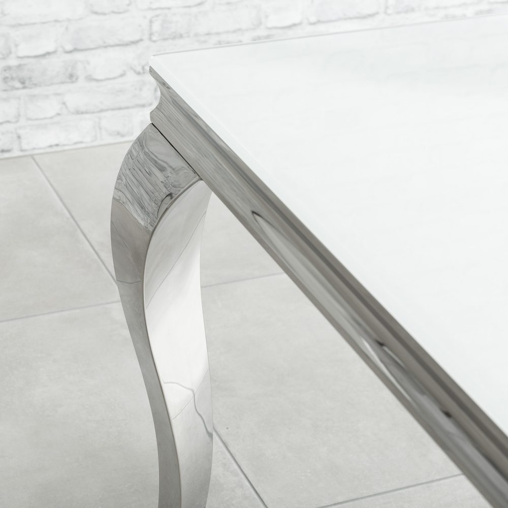 1.8m Louis Polished Steel Dining White Glass Table Set with 4 Chelsea Light Grey Brushed Velvet Dining Chairs - Image 5