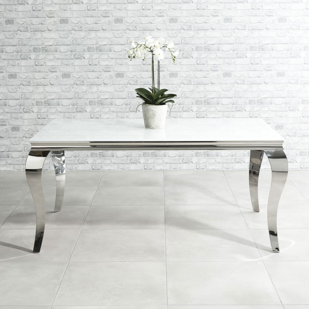 1.8m Louis Polished Steel Dining White Glass Table Set with 4 Chelsea Light Grey Brushed Velvet Dining Chairs - Image 3