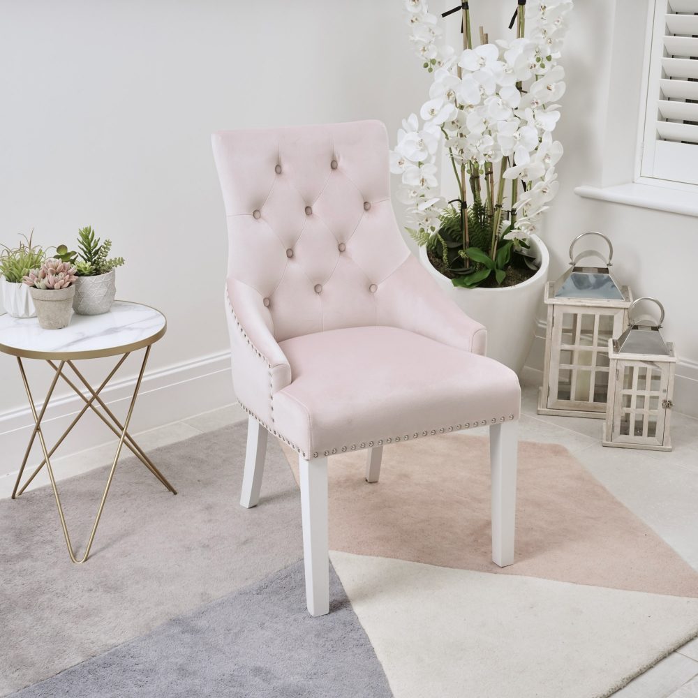 Chelsea Pink Brushed Velvet Upholstered Scoop Dining Chair - White Legs - Image 2
