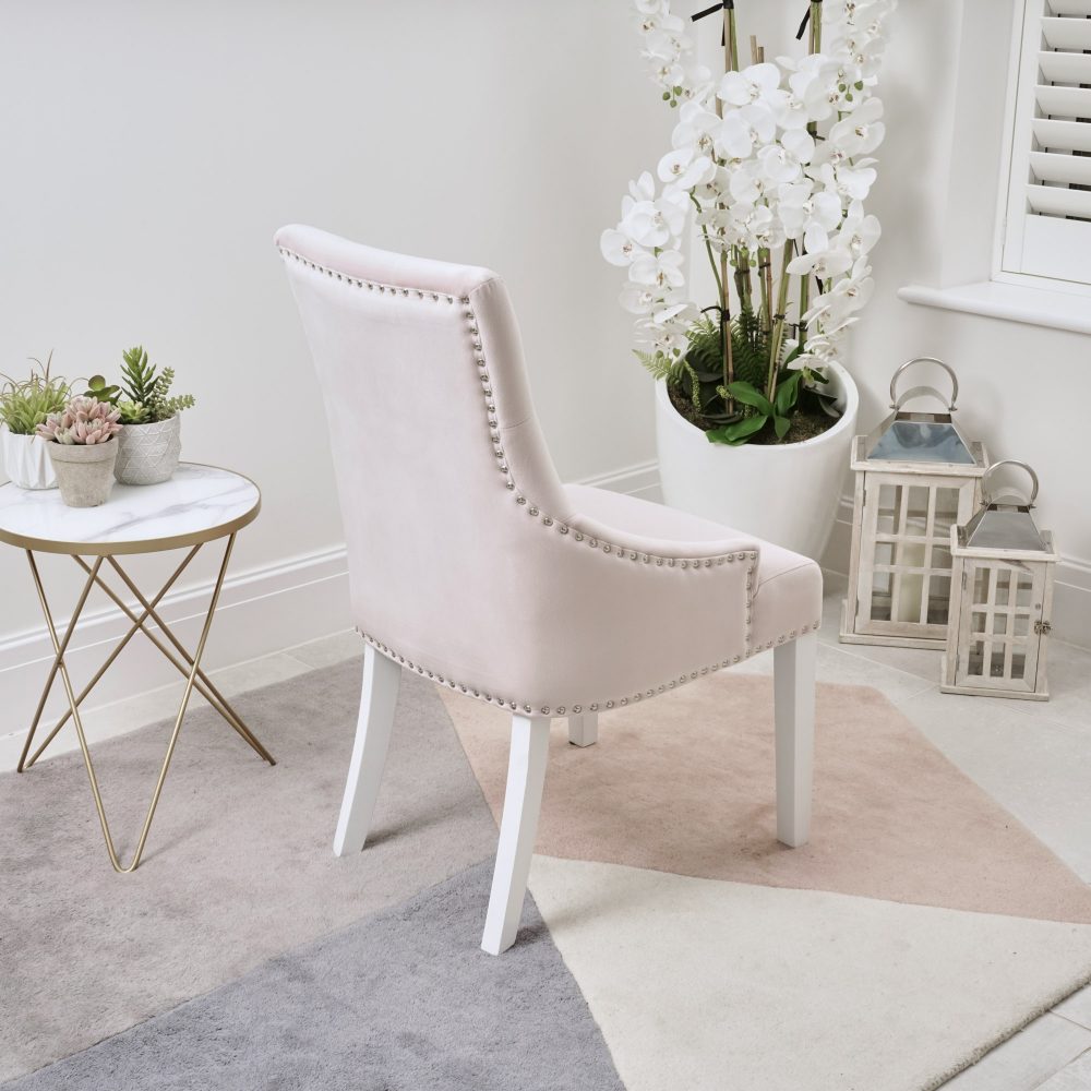 Chelsea Pink Brushed Velvet Upholstered Scoop Dining Chair - White Legs - Image 3