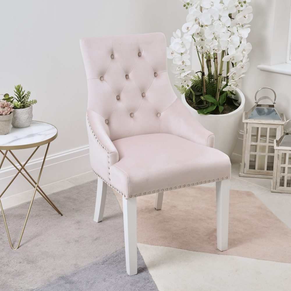 Chelsea Pink Brushed Velvet Upholstered Scoop Dining Chair - White Legs