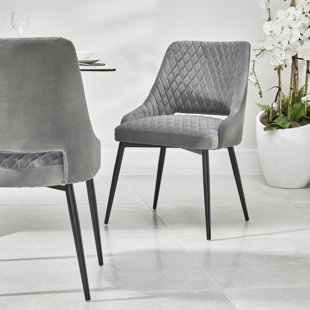 Joan Quilted Upholstered Grey Velvet Dining Chair - Image 3