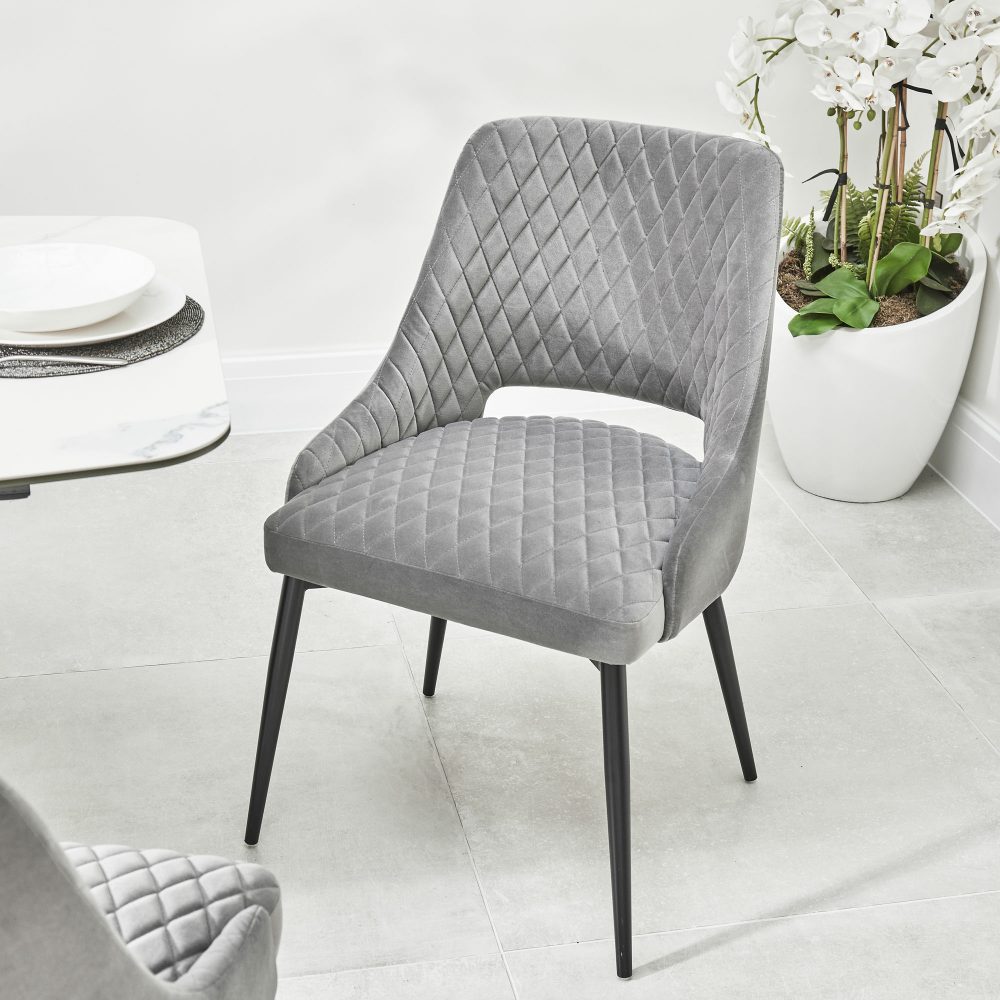 Joan Quilted Upholstered Grey Velvet Dining Chair - Image 4