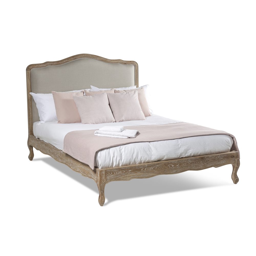 Clementine Whitewash Oak Upholstered Low Foot Board Bed - Double - Image 9