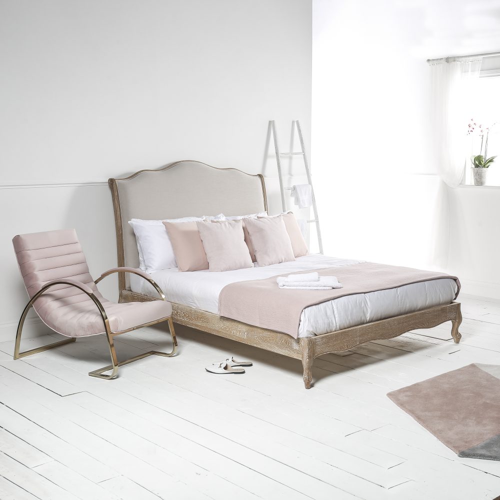 Camille French Style Upholstered Limed Oak Low Foot Board Bed - Image 2