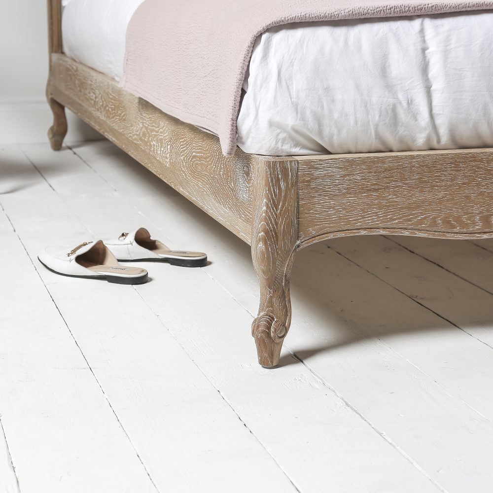Camille French Style Upholstered Limed Oak Low Foot Board Bed - Image 6