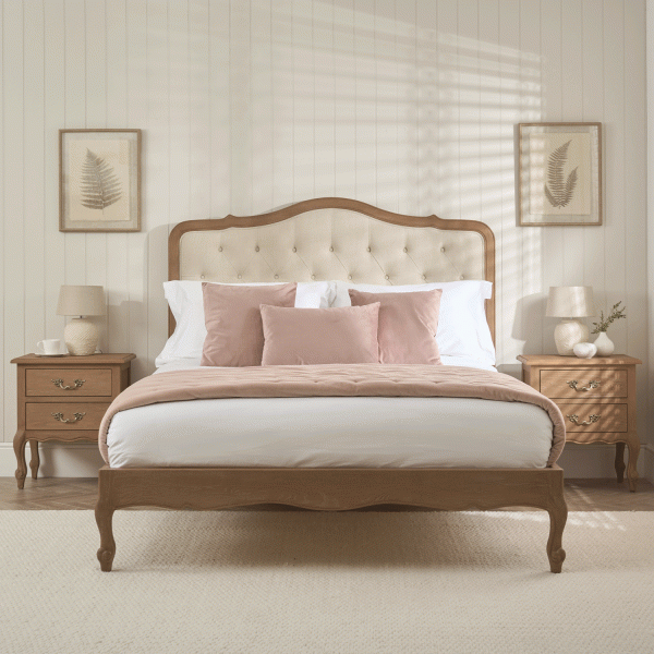Eloise Limed Ash Upholstered Button Low Foot Board Bed – Super King Size