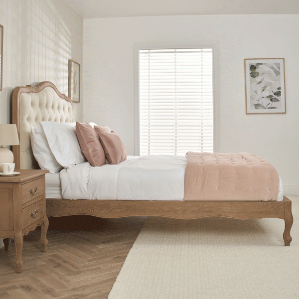 Eloise Limed Ash Upholstered Button Low Foot Board Bed – Super King Size