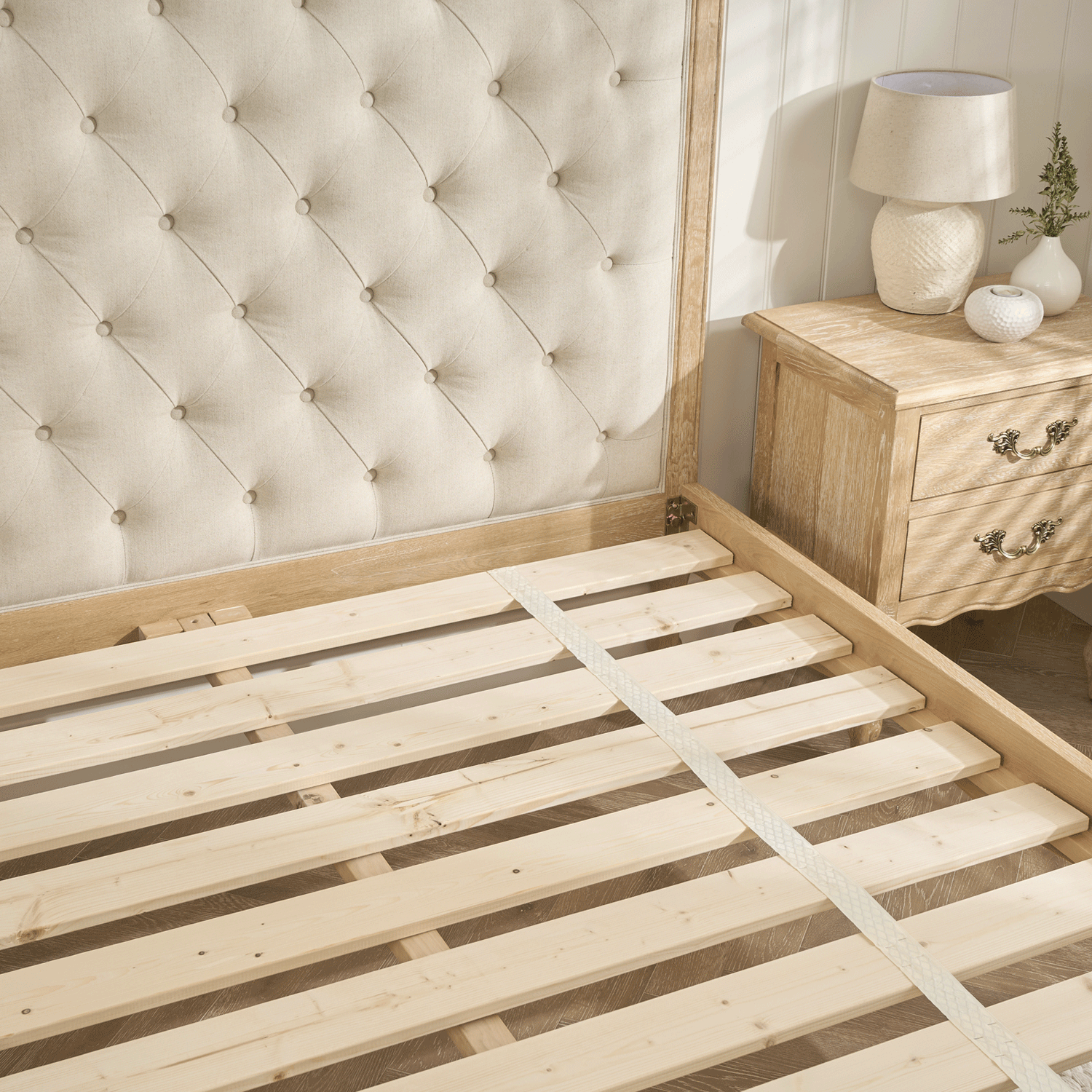 Eléa French Limed Oak Super King Size Bed with Upholstered Button Back Headboard - Image 11