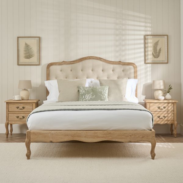 Eléa French Limed Oak Super King Size Bed with Upholstered Button Back Headboard