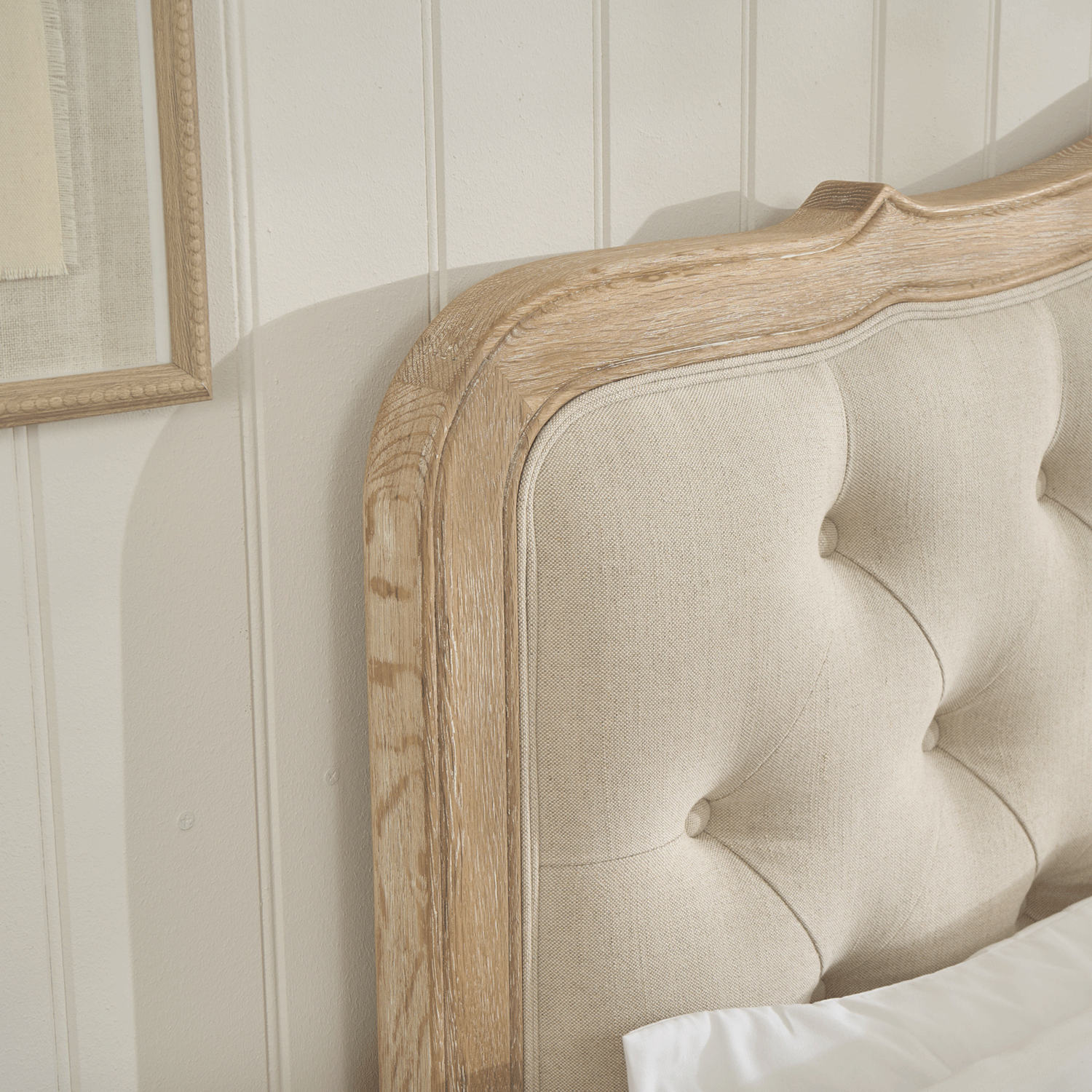 Eléa French Limed Oak Super King Size Bed with Upholstered Button Back Headboard - Image 6