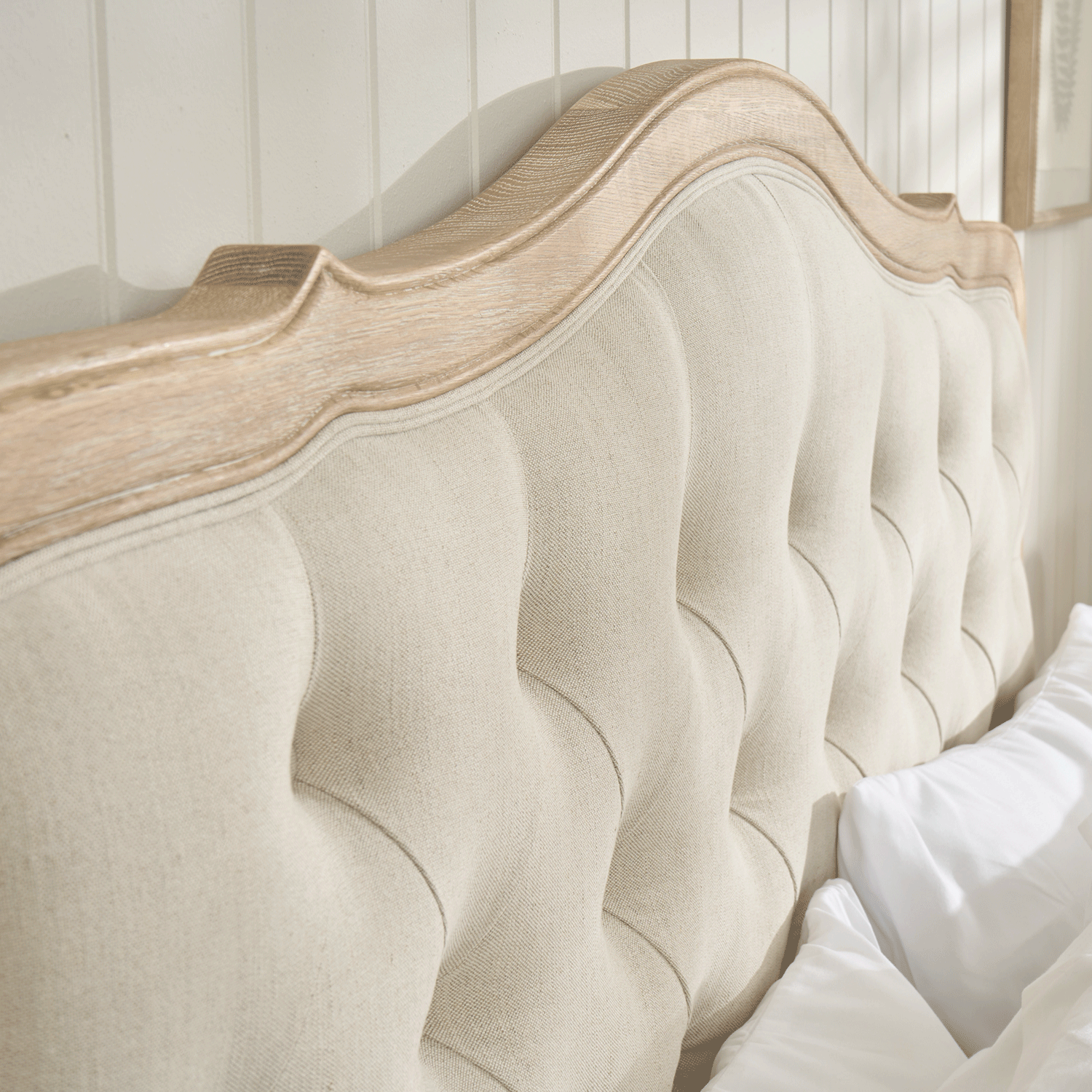 Eléa French Limed Oak Super King Size Bed with Upholstered Button Back Headboard - Image 4