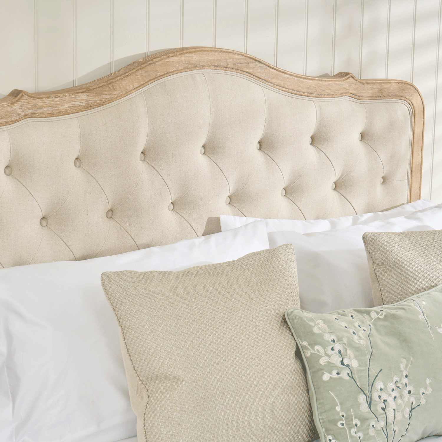 Eléa French Limed Oak Super King Size Bed with Upholstered Button Back Headboard - Image 5