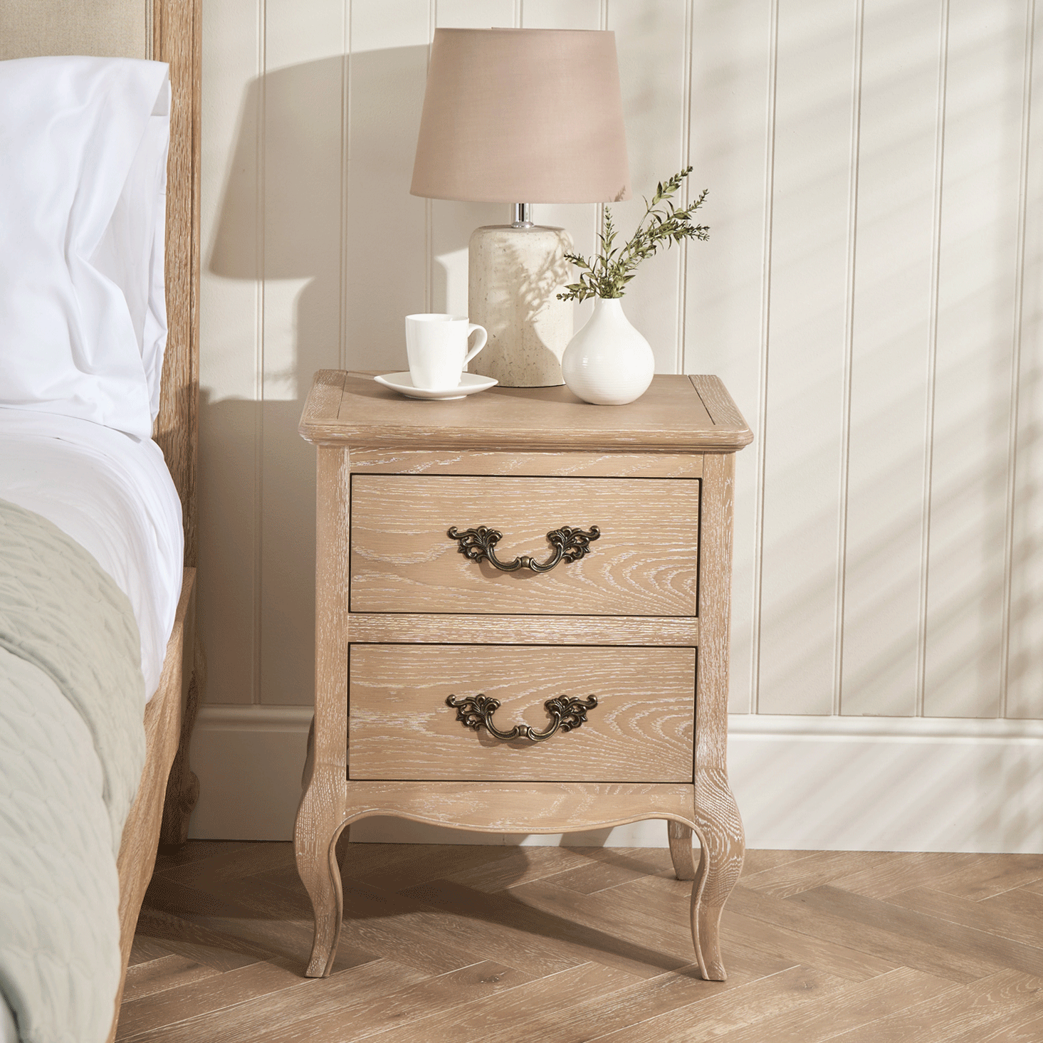 Lille French Limed Oak 5ft Upholstered Low Footboard Bed with Two Matching Bedside Tables - Image 4