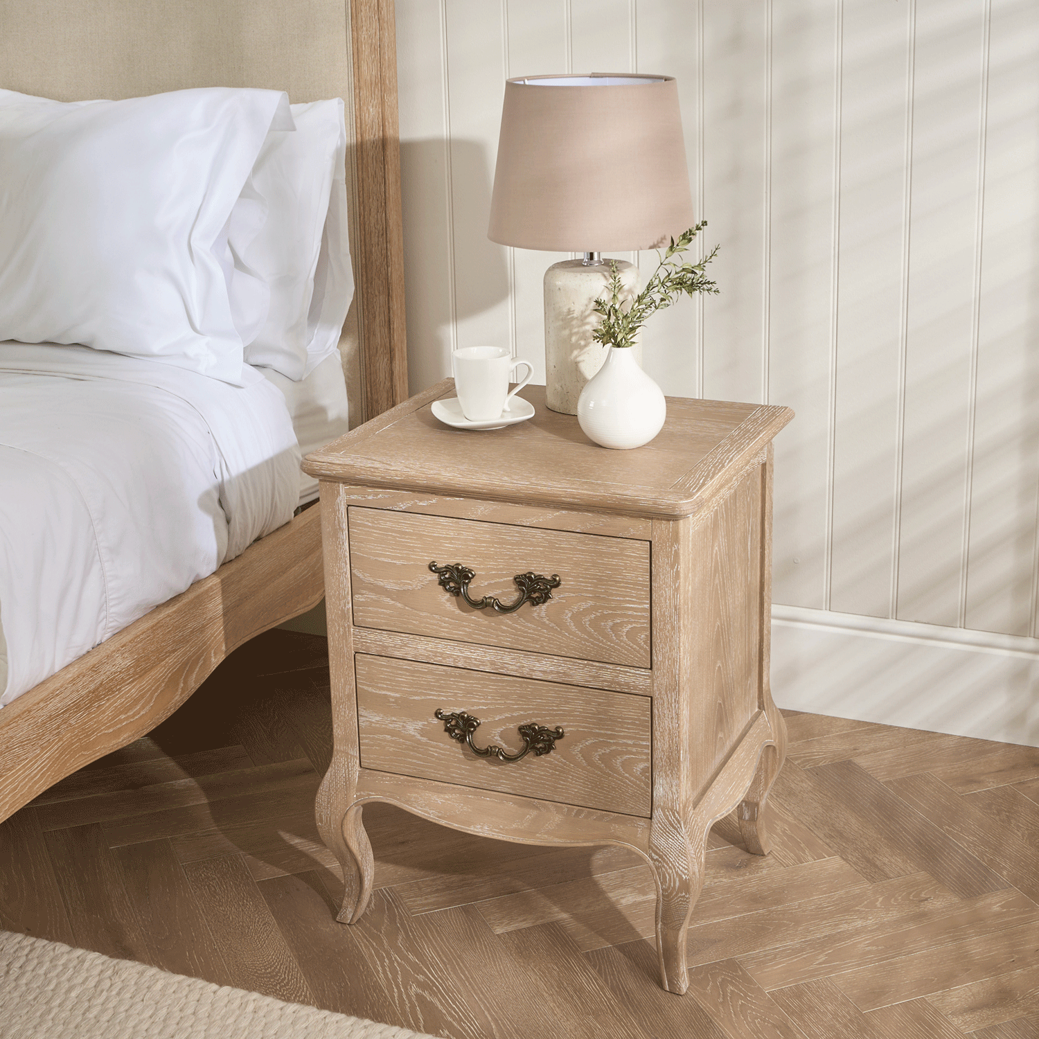 Lille French Limed Oak 5ft Upholstered Low Footboard Bed with Two Matching Bedside Tables - Image 8