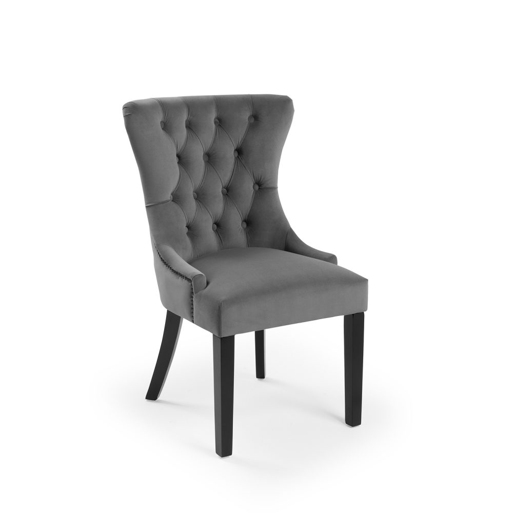 New Knightsbridge Grey Brushed Velvet Dining Chair - Black Studs - Image 3