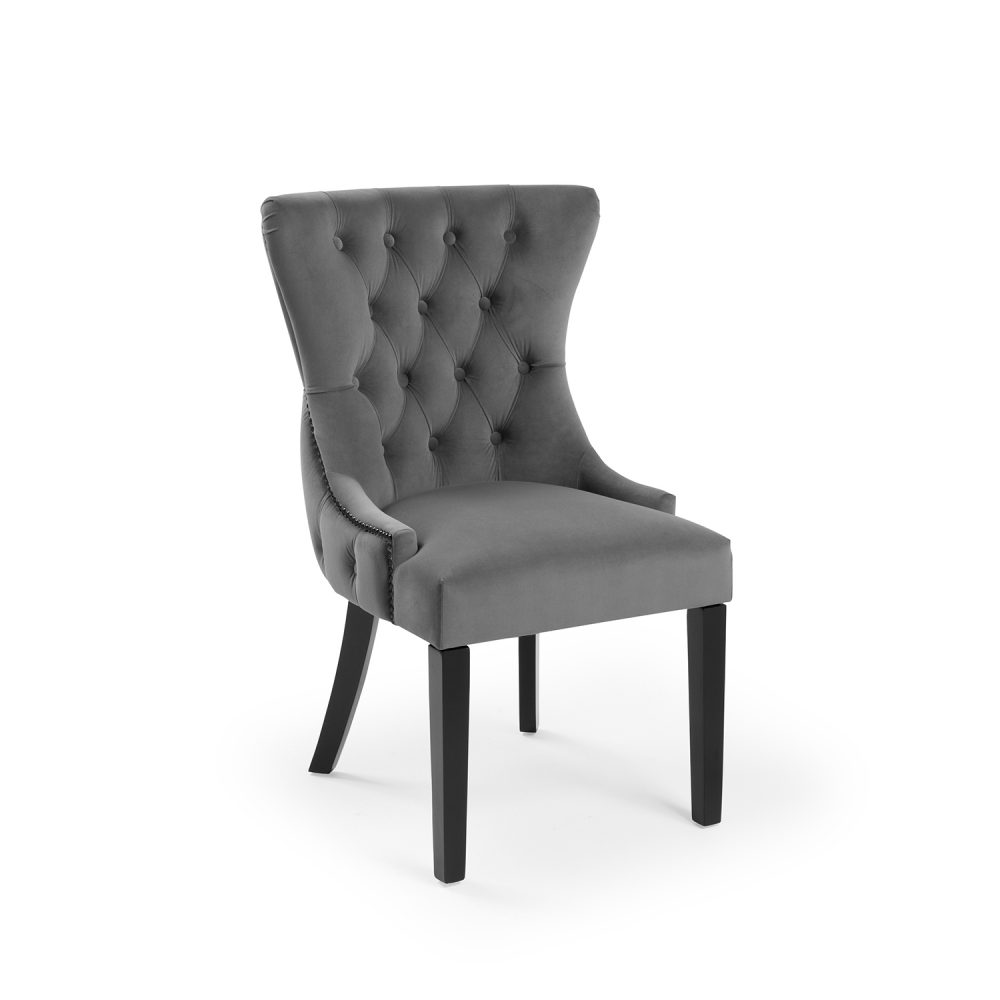 New Knightsbridge Grey Velvet Upholstered Chair With Button Tufted Detailing - Black Studs - Image 3