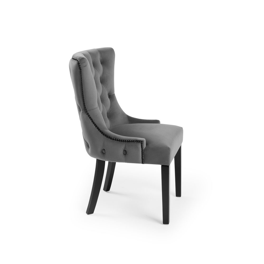 New Knightsbridge Grey Velvet Upholstered Chair With Button Tufted Detailing - Black Studs - Image 4