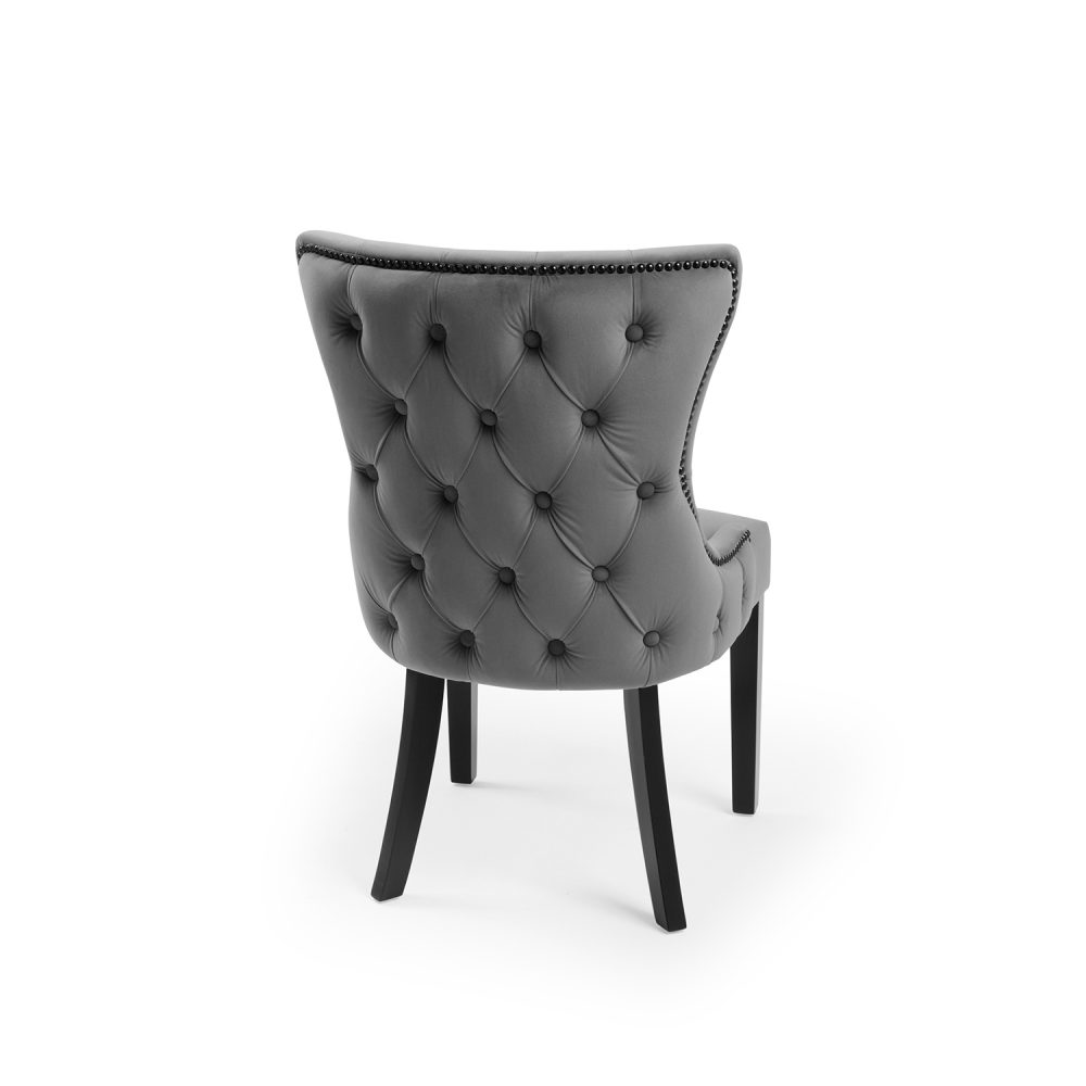 New Knightsbridge Grey Velvet Upholstered Chair With Button Tufted Detailing - Black Studs - Image 5