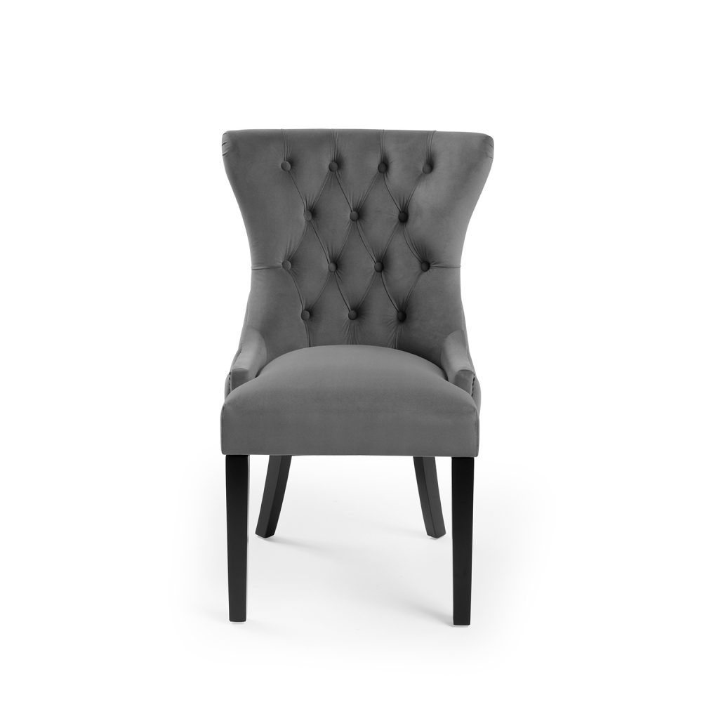 New Knightsbridge Grey Velvet Upholstered Chair With Button Tufted Detailing - Black Studs - Image 6