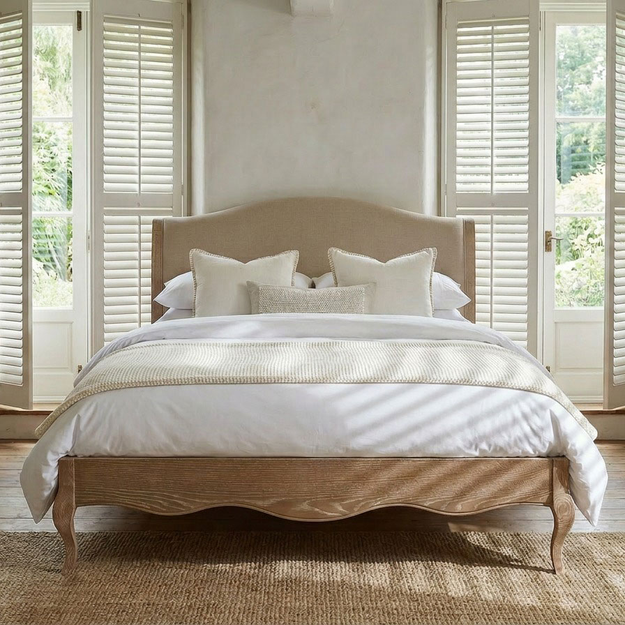 Lille French Limed Oak 5ft Upholstered Low Footboard Bed with Two Matching Bedside Tables
