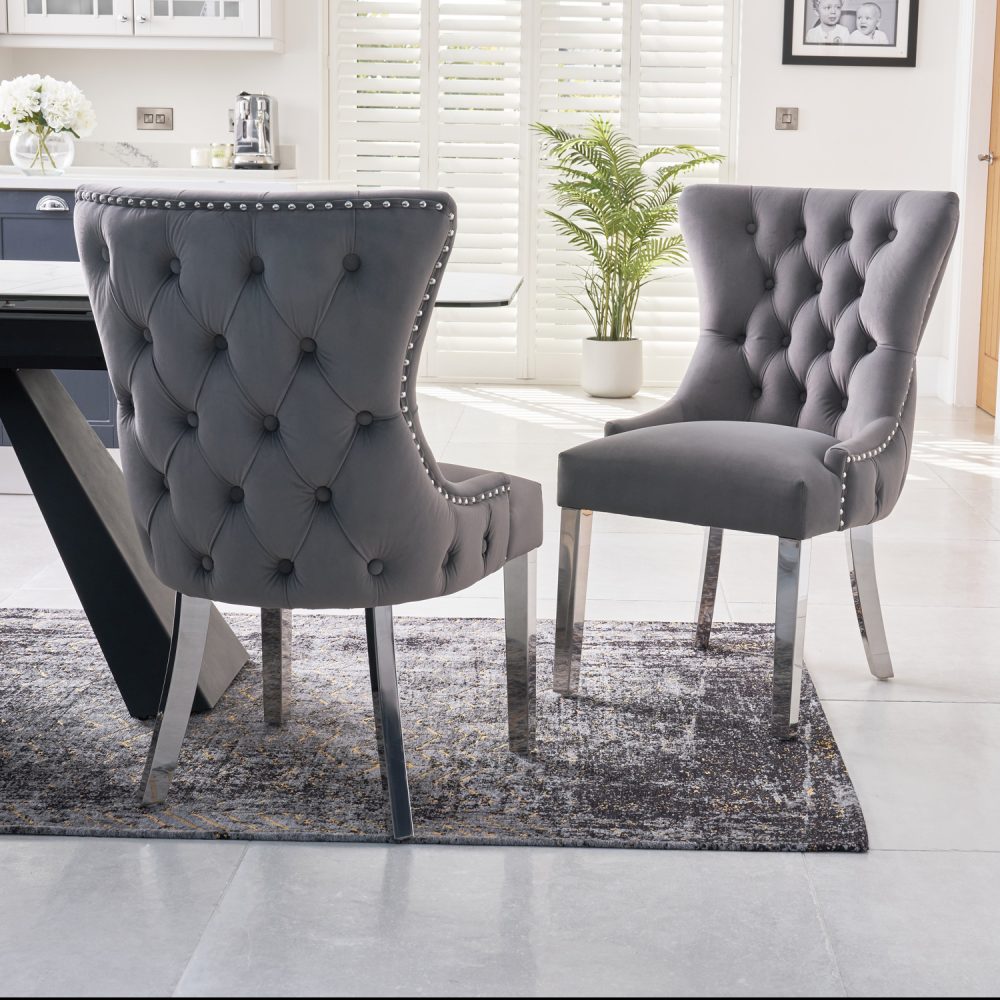 Knightsbridge Grey Velvet Upholstered Chair - Button Tufted Detailing - Polished Steel Legs