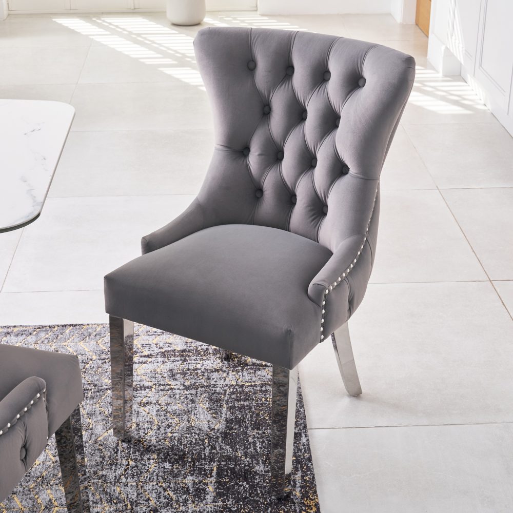 Knightsbridge Grey Velvet Upholstered Chair - Button Tufted Detailing - Polished Steel Legs - Image 4
